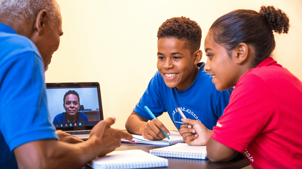 Students engaged in English language learning with video call conversation