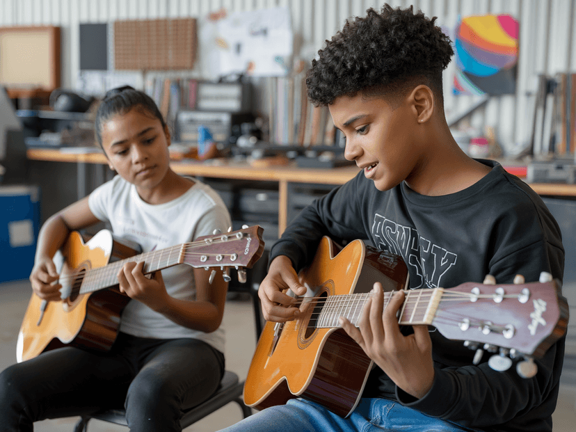 Teenagers playing guitars together in music workshop